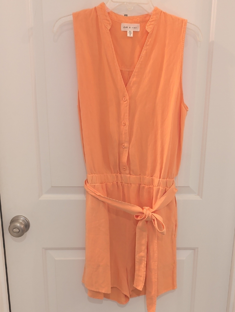 cloth & stone peach Tangerine sleeveless button-front romper with waist tie
